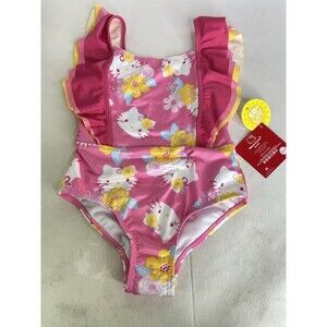 Hello Kitty Pink Floral Ruffle One Piece Swim Swimsuit Swimwear Girls Size 5
